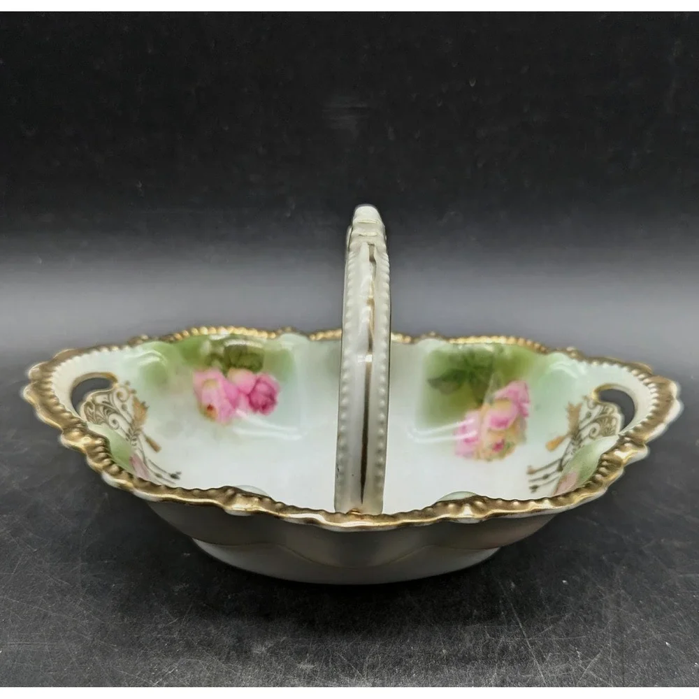 Antique Schwarzburg German Porcelain Rose Basket Divided‎ Candy Dish Gold Gilt